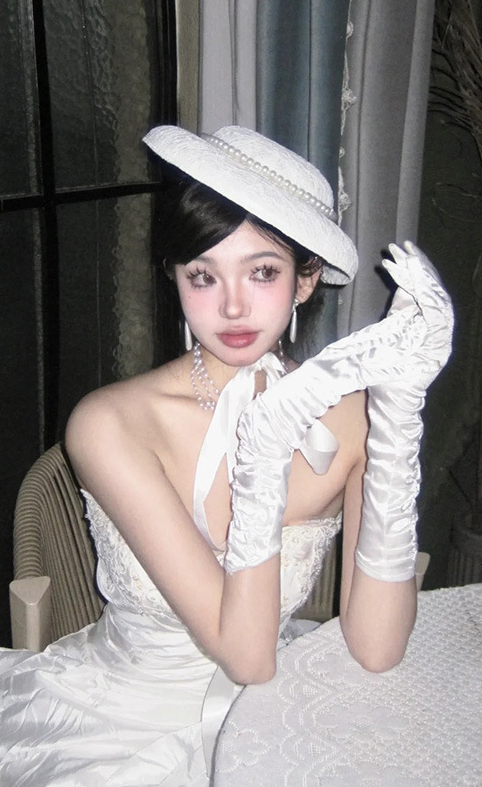 Gloves satin long white girls bride wedding dress birthday atmosphere     S6232