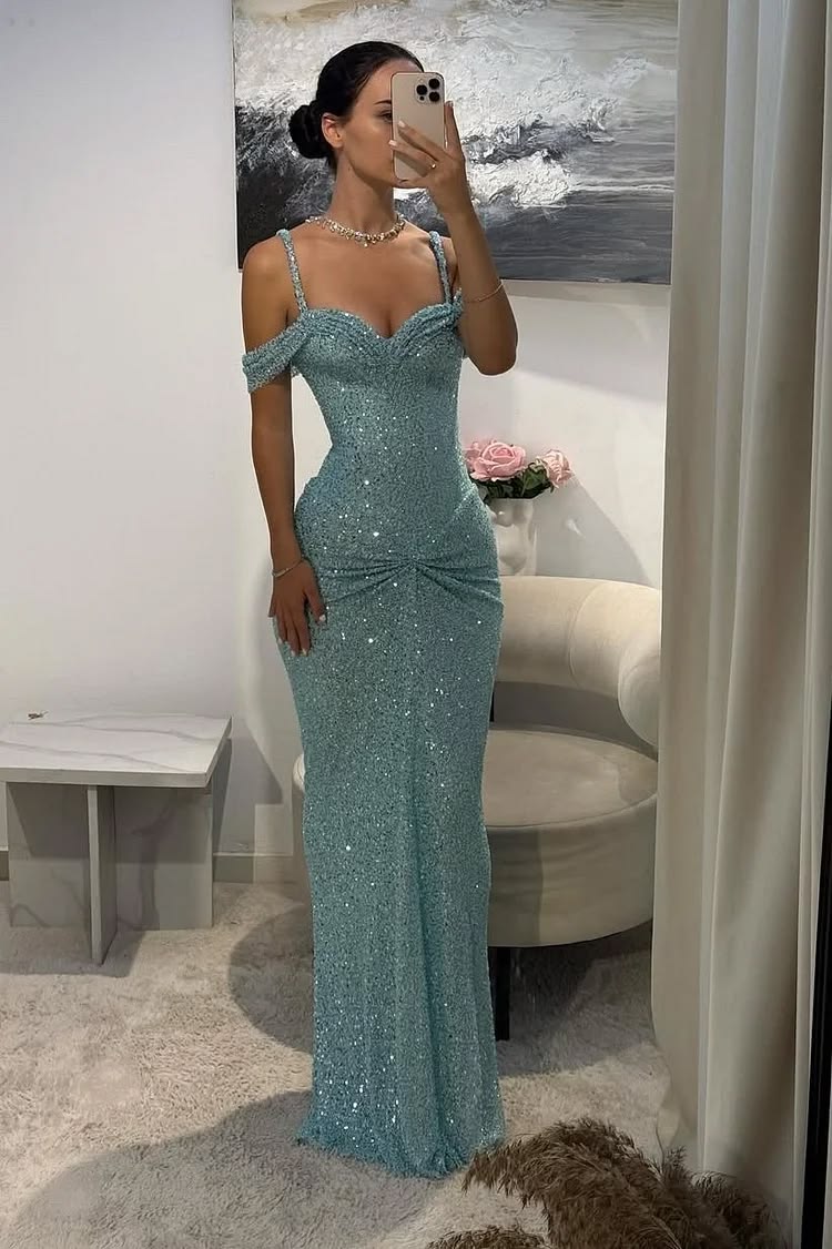 Elegant Ice Blue Sheath Spaghetti Straps Long Women Dress with Paillette Evening Dress Prom Dress RS113