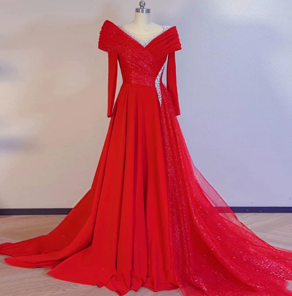 Elegant Red Prom Gown , Sequins Chiffon Maxi Evening Dress RS1321