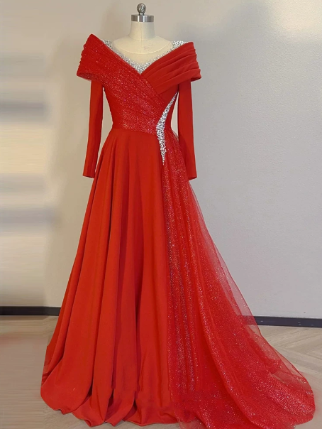 Elegant Red Prom Gown , Sequins Chiffon Maxi Evening Dress RS1321