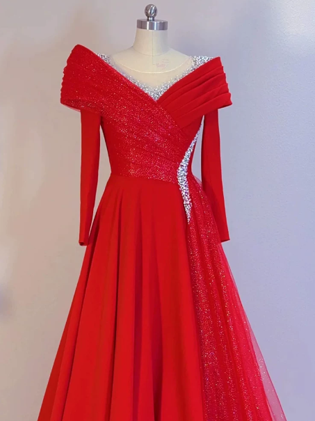 Elegant Red Prom Gown , Sequins Chiffon Maxi Evening Dress RS1321