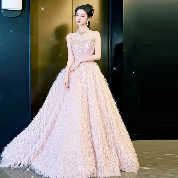 Dreamy Champagne Prom Gown , Feather Decor Elegant Beaded Maxi Evening Dress RS1322