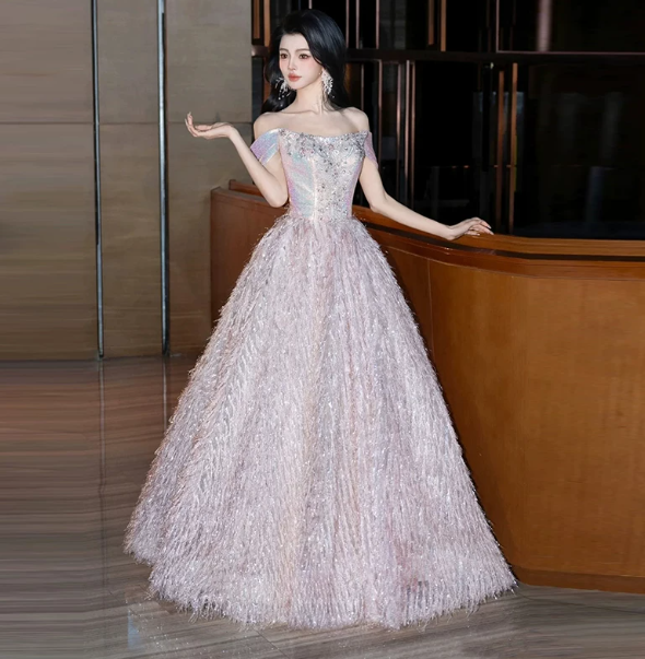 Dreamy Champagne Prom Gown , Feather Decor Elegant Beaded Maxi Evening Dress RS1322