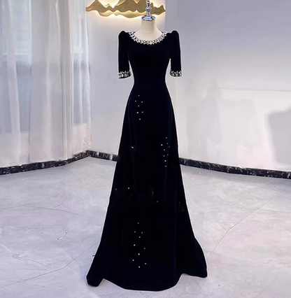 Elegant Black Prom Gown , Beaded Maxi Evening Dress RS1323