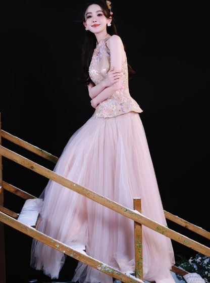 Elegant Pink Prom Gown , Tulle Embroidery Maxi Evening Dress Birthday Dress RS1324