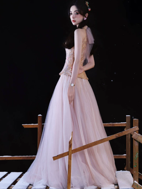 Elegant Pink Prom Gown , Tulle Embroidery Maxi Evening Dress Birthday Dress RS1324