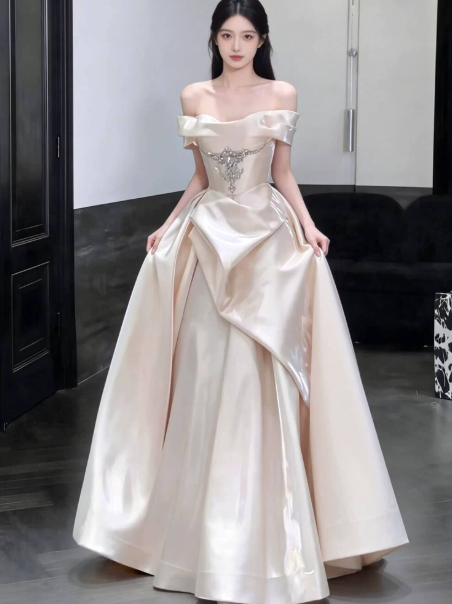 Elegant Ivory Prom Gown , Beaded Satin Silky Maxi Evening Dress Birthday Dress RS1325