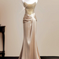 French Chic Golden Prom Gown , Glitter Satin Sequins Maxi Evening Dress RS1326