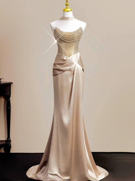 French Chic Golden Prom Gown , Glitter Satin Sequins Maxi Evening Dress RS1326