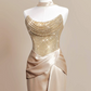 French Chic Golden Prom Gown , Glitter Satin Sequins Maxi Evening Dress RS1326