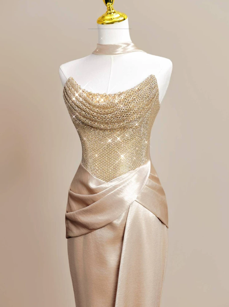 French Chic Golden Prom Gown , Glitter Satin Sequins Maxi Evening Dress RS1326