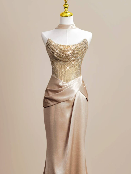French Chic Golden Prom Gown , Glitter Satin Sequins Maxi Evening Dress RS1326