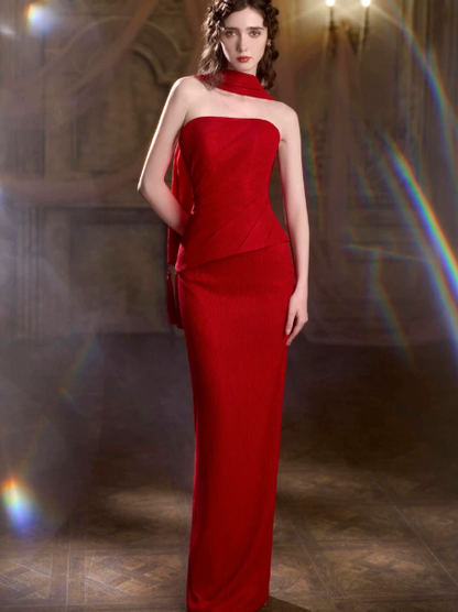 French Chic Red Prom Gown , Sheath Satin Maxi Evening Dress RS1327