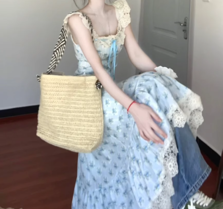 Blue floral dress gentle temperament beautiful summer skirt R0762