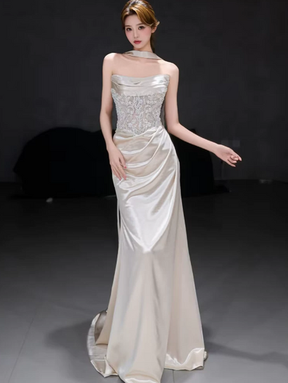 Elegant Ivory Prom Gown , Silky Satin Lace Embroidery Maxi Evening Dress RS1329