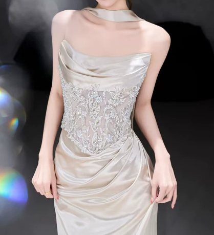 Elegant Ivory Prom Gown , Silky Satin Lace Embroidery Maxi Evening Dress RS1329