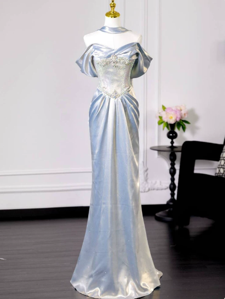 Elegant Ivory Prom Gown , Silky Satin Beaded Maxi Evening Dress RS1330