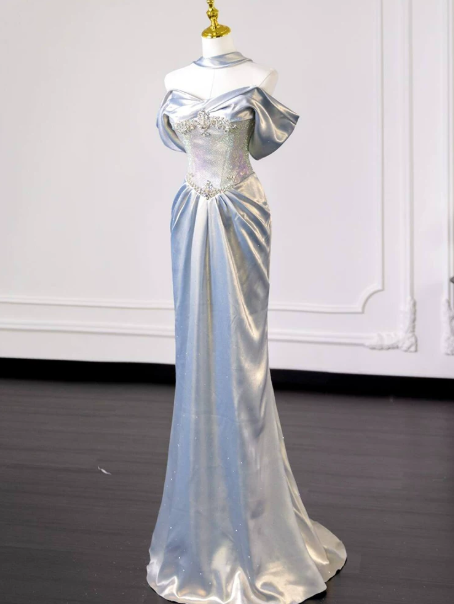 Elegant Ivory Prom Gown , Silky Satin Beaded Maxi Evening Dress RS1330
