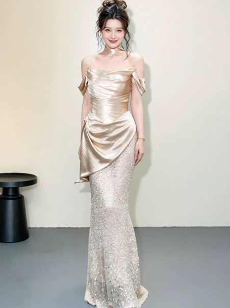 Elegant Champagne Prom Gown , Glitter Satin Sequins Maxi Evening Dress RS1331