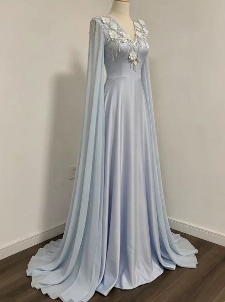 Elegant Pale Blue Prom Gown , Silky Satin Applique Maxi Evening Dress RS1332