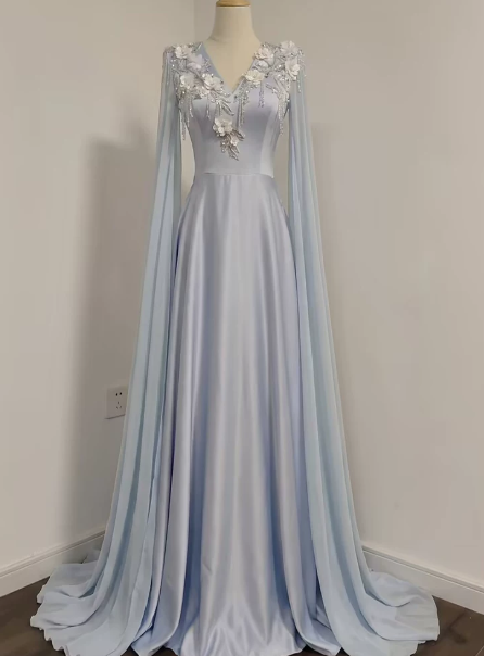 Elegant Pale Blue Prom Gown , Silky Satin Applique Maxi Evening Dress RS1332