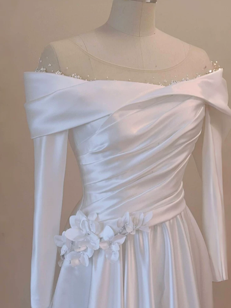 Elegant White Prom Gown , Silky Satin Applique Maxi Evening Dress RS1333