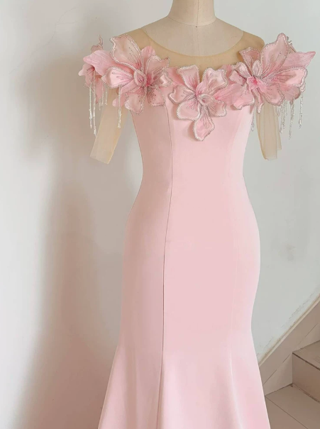 Sweet Blush Pink Prom Gown , Satin 3D Floral Maxi Evening Dress Birthday Dress RS1334
