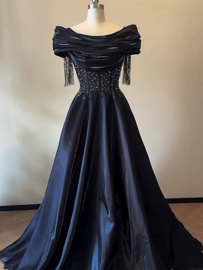 Elegant Black Beaded Prom Gown , Satin Silky Maxi Evening Dress RS1335