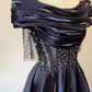 Elegant Black Beaded Prom Gown , Satin Silky Maxi Evening Dress RS1335