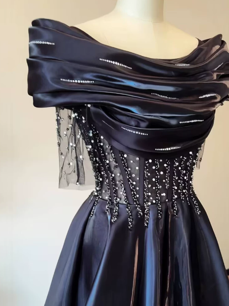 Elegant Black Beaded Prom Gown , Satin Silky Maxi Evening Dress RS1335