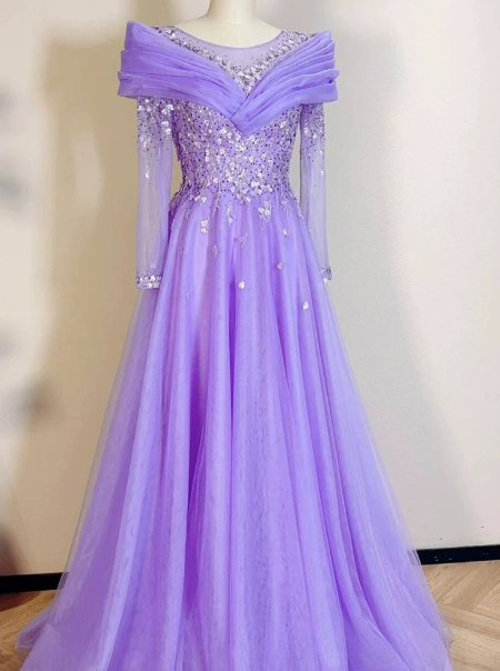 Elegant Purple Sequins Prom Gown , Pretty Tulle Maxi Evening Dress RS1336