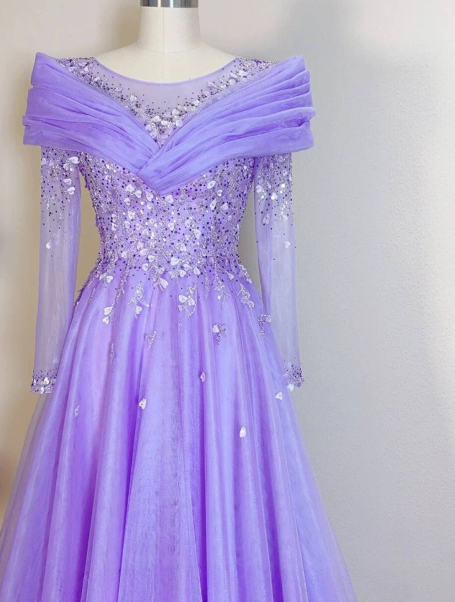 Elegant Purple Sequins Prom Gown , Pretty Tulle Maxi Evening Dress RS1336
