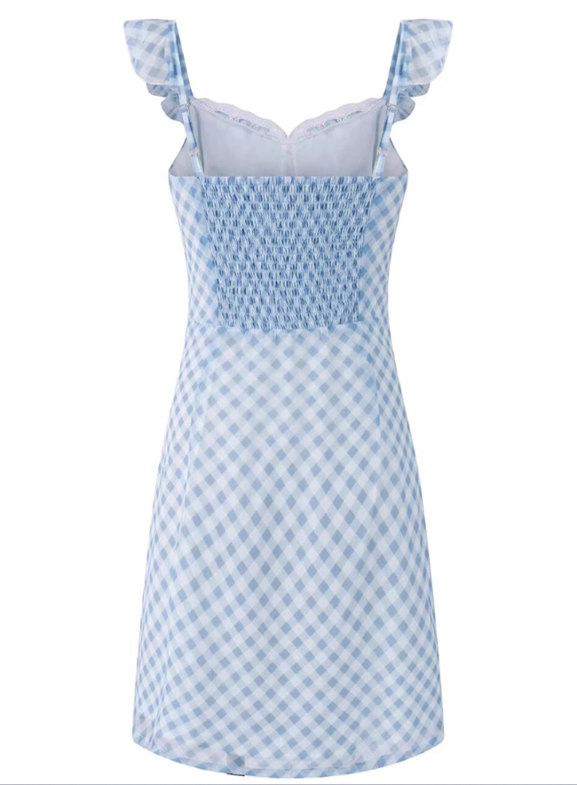 2025 Summer New Blue Plaid Lace Square Neck Short Sleeveless Dress R0969