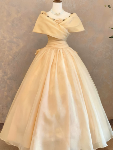 Elegant Pastel Yellow Prom Gown , Pretty 3D Floral Tulle Maxi Evening Dress RS1338