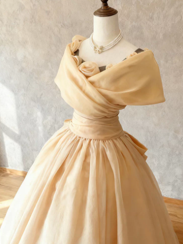 Elegant Pastel Yellow Prom Gown , Pretty 3D Floral Tulle Maxi Evening Dress RS1338