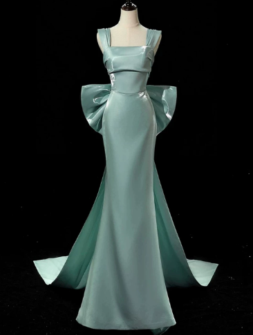 Sparkly MInt Green Prom Gown , Pretty Silky Bow Back Accessory Maxi Evening Dress RS1339