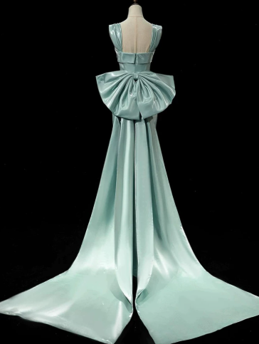 Sparkly MInt Green Prom Gown , Pretty Silky Bow Back Accessory Maxi Evening Dress RS1339