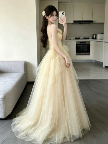 Sweet Pastel Yellow Prom Gown , Pretty Applique Tulle Maxi Evening Dress RS1340