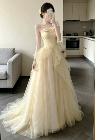 Sweet Pastel Yellow Prom Gown , Pretty Applique Tulle Maxi Evening Dress RS1340