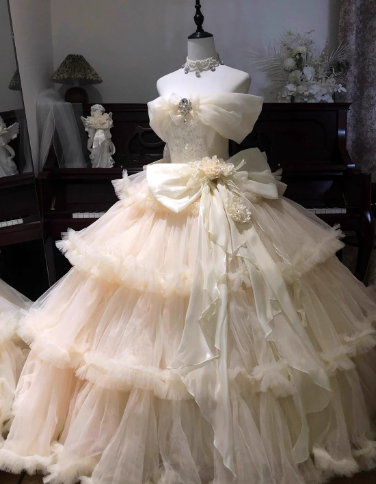 Dreamy Champagne Prom Gown , Pretty Frilled Tulle Maxi Evening Dress Birthday Dress RS1341