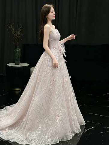 Dreamy Champagne Prom Gown , Pretty Tulle Maxi Evening Dress Celebrity Dress RS1342