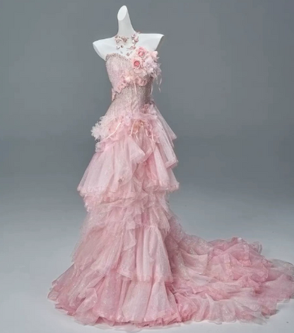 Dreamy Pink Prom Gown , Pretty Tulle Pleated Maxi Evening Dress Birthday Dress RS1343