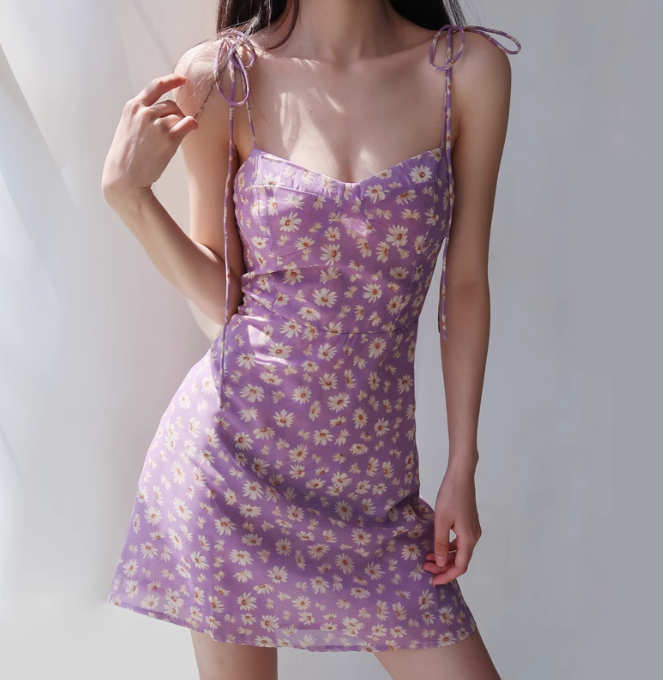 French Daisy Suspender Dress Retro Floral Waist Slimming Suspender Dress R2863