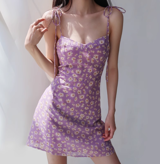 French Daisy Suspender Dress Retro Floral Waist Slimming Suspender Dress R2863