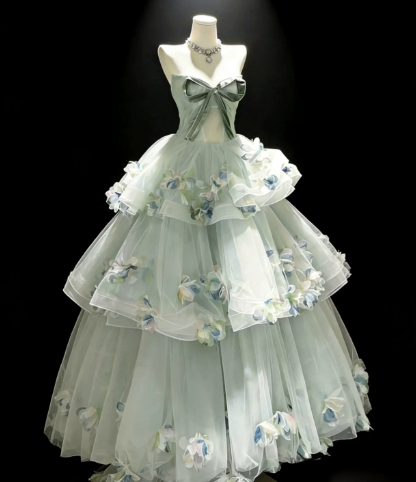 Dreamy Green Ruffled Prom Gown , Pretty Tulle 3D Floral Maxi Evening Dress RS1345