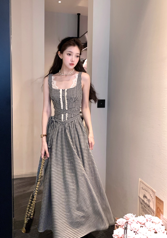 Long Square Neck Black and White Plaid Waisted Suspender Dress Women's Summer French Style Skirt R4621