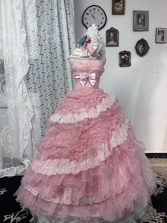 Light pink strapless fitted waist ball gown with a full tiered skirt, bridal gown R7248