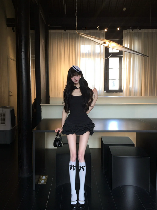 Black suspender waist slim top cake mini skirt suit homecoming dress R5084