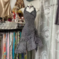 Black and white leopard print halter-neck fitted midi ball gown R7842