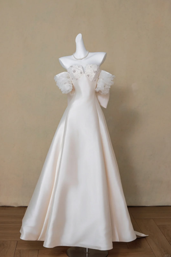 Stunnning Satin Applique Prom Gown White Women's Maxi Evening Dress Birthday Dress RS2776